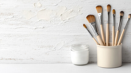 Artistic brushes in neutral toned container beside jar of paint create serene workspace