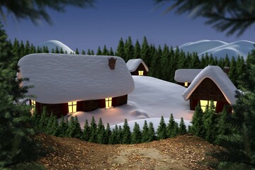Digitally generated Cute village in the snow