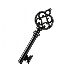 Obraz premium Antique key with intricate scrollwork and a vintage design, showcasing craftsmanship in metalwork. cut out. transparent background