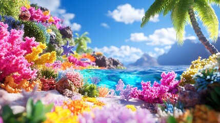 Vibrant Coral Reef With Colorful Flora in Turquoise Sea Water and Palm Tree on Island Under Bright Cloudy Sky a Pixelated Digital Rendering