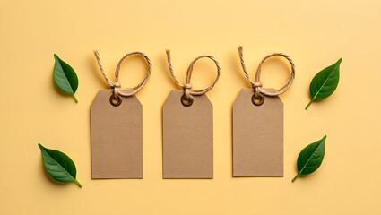 Three blank paper tags with leaves on a yellow background