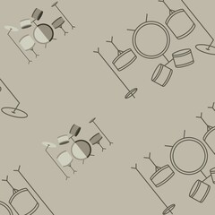 Square image of black, white and grey drum kits on pale grey background with copy space