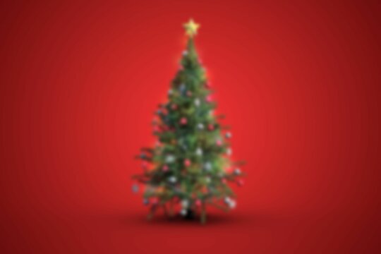 Fototapeta Evergreen tree is standing against red backdrop in flat vector, baubles, lights, star topper