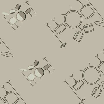 Square image of black, white and grey drum kits on pale grey background with copy space