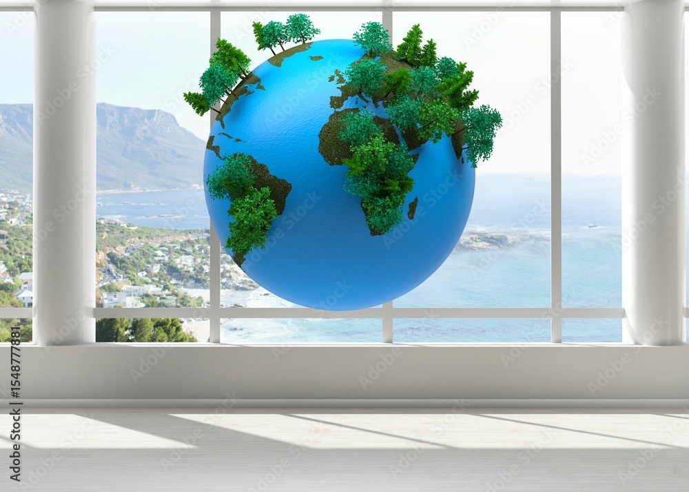 Poster flat design room with grid window is hosting floating blue globe with green trees