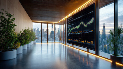 Modern office interior with digital dashboard displaying financial data and city skyline