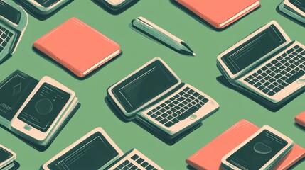 Assorted digital devices arranged in a stylized pattern.