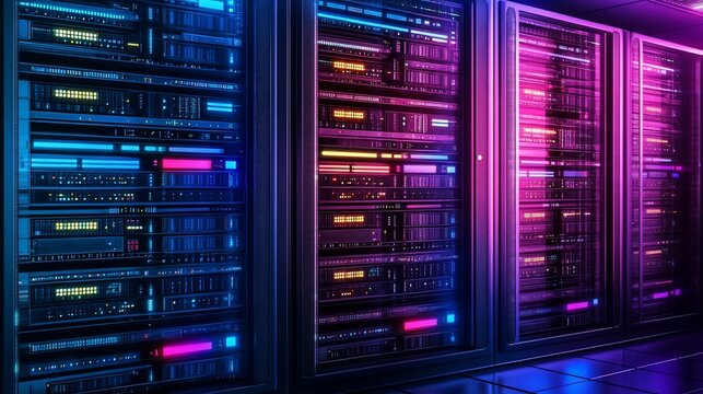 Futuristic data center with illuminated servers for data storage and processing