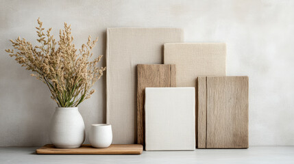 Fototapeta premium Natural light over warm moodboard palette with textured materials and dried flowers creates