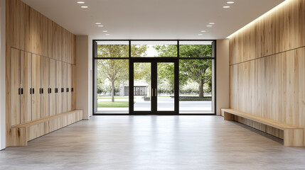 Obraz premium Modern hallway with wooden accents, large windows, and natural light creating serene atmosphere