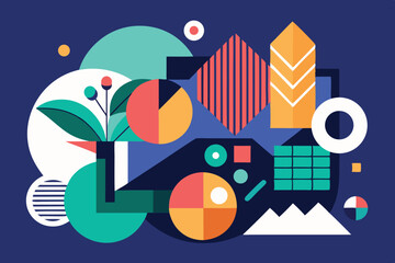 Obraz premium Colorful geometric abstract design featuring circles and shapes in vibrant hues against a dark background