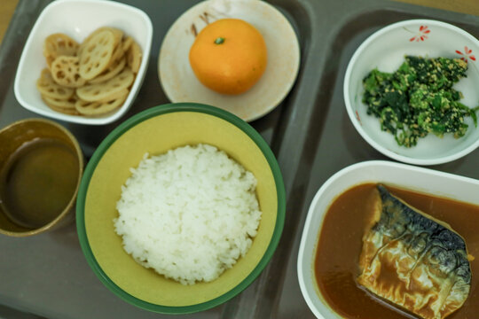 低カロリー減塩病院食（ご飯、さばの味噌煮、レンコンのキンピラ、ほうれん草のあえ物、みかん）
