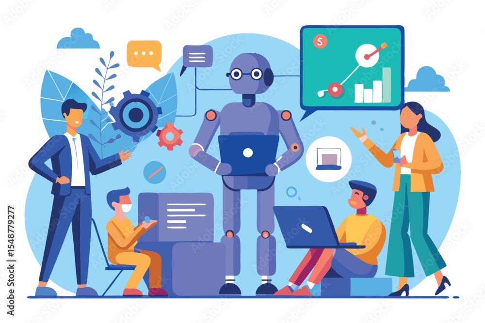 Poster team collaborating with a robot to analyze data and improve workflows in a modern office setting