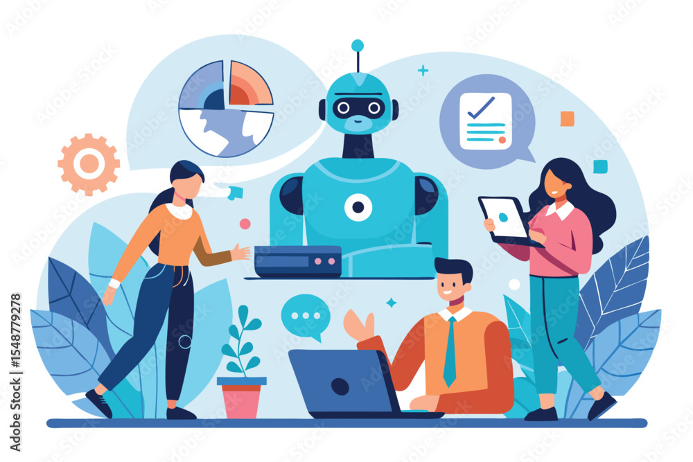 Poster team collaboration with a robot assistant in a modern workspace during the day