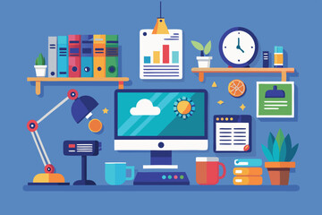 Workspace setup with computer, documents, and decor in a colorful office environment