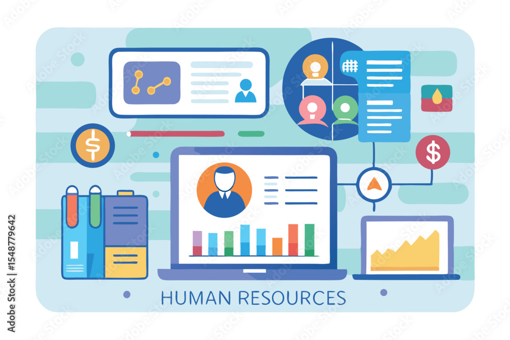 Poster human resources management with data analytics and employee profiles in a modern workspace