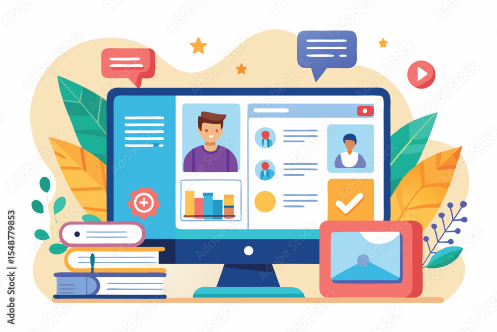 Poster digital workspace illustrating user profiles, charts, and interactive elements in a colorful design