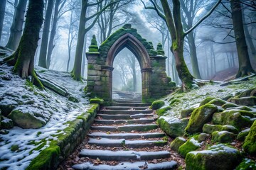 Stone archway staircase in a misty winter forest, moss-covered rocks and trees
