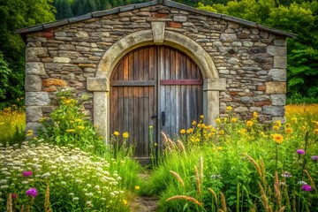 Stone building with arched wooden door surrounded by wildflowers