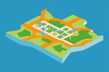Isometric vector illustration of a city map with residential houses, business buildings, and street designs