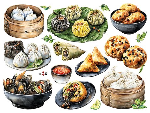 Watercolor dim sum, flat design vector art depicting a stylized assortment of various dim sum types like dumplings and buns Asian Cuisine Watercolors Dim Sum and Dumpling Art