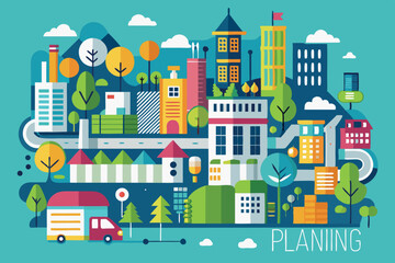 Naklejka premium Colorful urban landscape illustration showcasing buildings, trees, and vehicles in a lively city environment during daylight