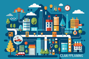 Obraz premium Urban landscape illustration depicting city planning with buildings, parks, and transportation elements in a vibrant style