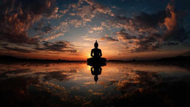 Buddha statue silhouette with sunset sky and water reflection - Powered by Adobe