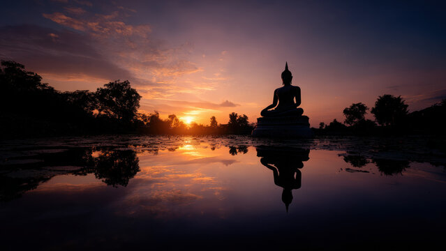Buddha statue silhouette with sunset sky and water reflection