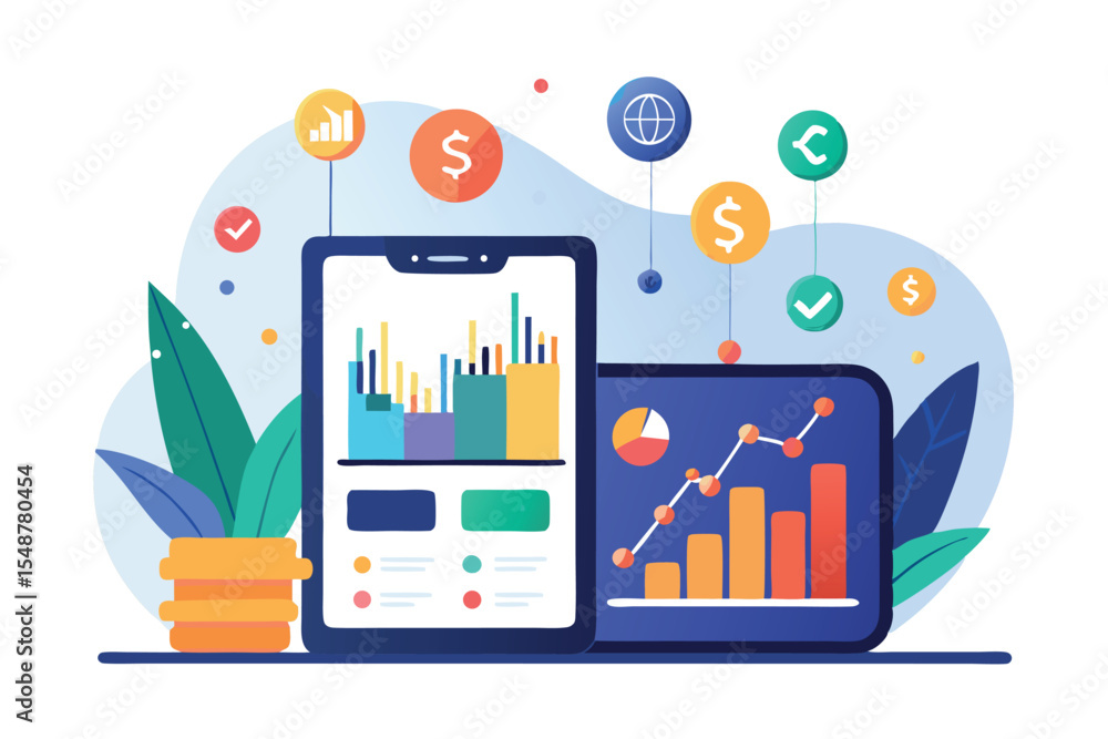 Poster digital analytics dashboard showcasing financial data and trends with colorful graphics and modern d