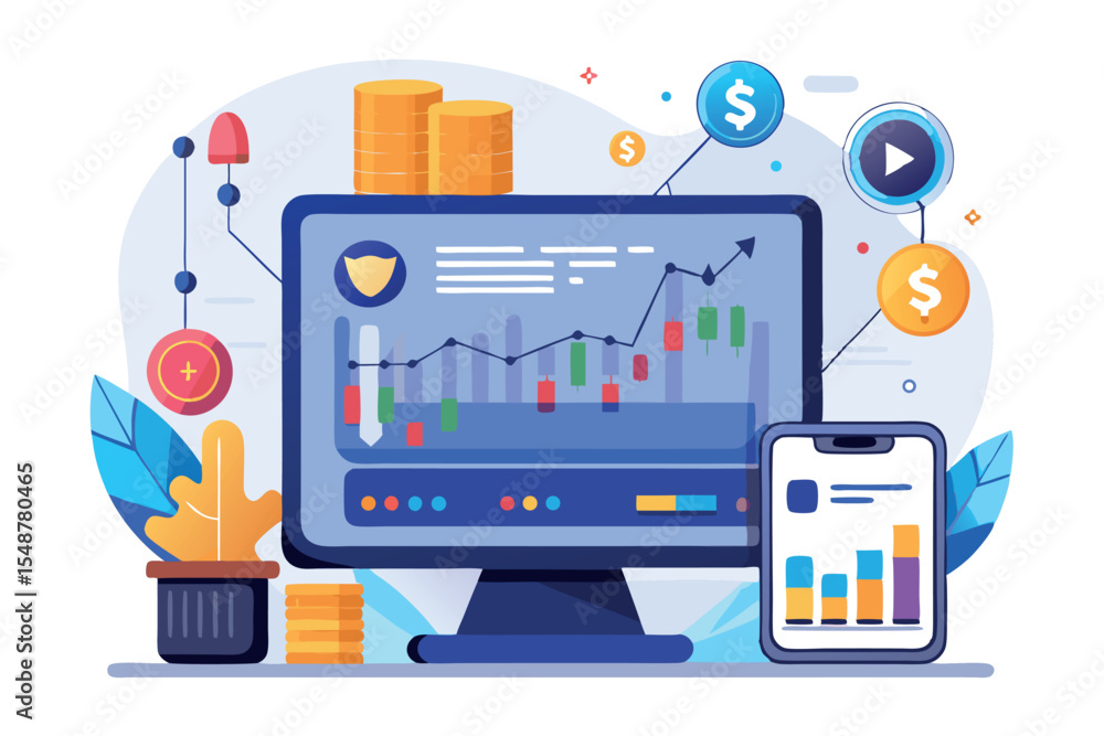 Poster analyzing financial data on computer screen with charts and currency symbols while working in a mode