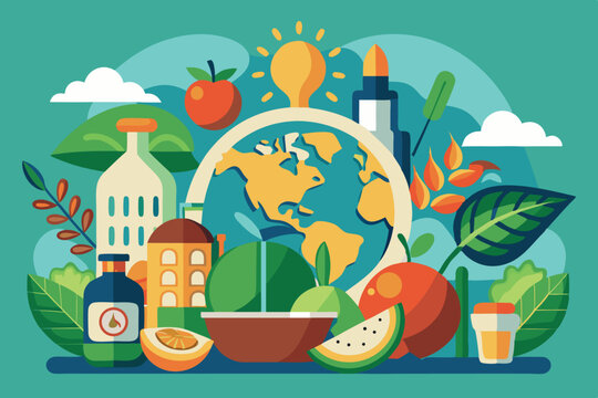 Colorful global food collage representing sustainability and nature in a vibrant and harmonious composition