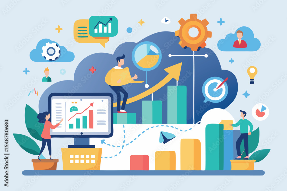 Poster visual representation of data analysis and growth in a modern office environment with charts and sta