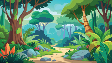 Cute Cartoon Jungle Forest Background for Kids. Funny Vector Illustration of a Tropical Rainforest Scene. Children's Book or Wallpaper Design © revpy