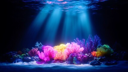 Vibrant Deep Sea Coral Reef with Pixelated Texture and Mysterious Creatures in Blue Lit Underwater Scene