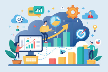 Fototapeta premium Visual representation of data analysis and growth in a modern office environment with charts and statistics