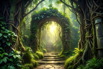 Stone steps ascend through a mystical jungle archway, bathed in sunlight filtering through lush green foliage.