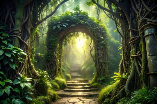 Stone steps ascend through a mystical jungle archway, bathed in sunlight filtering through lush green foliage. - Powered by Adobe