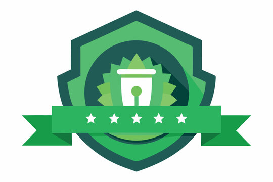 Creative badge design featuring a green shield, cup symbol, and five stars representing excellence in service or quality for a brand