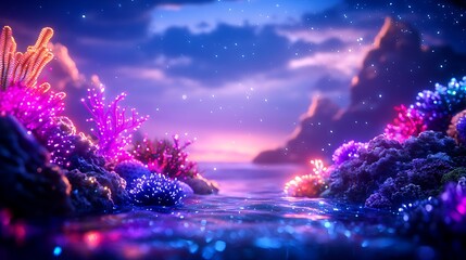 Vibrant Deep Sea Coral Reef with Colorful Purple and Blue Corals and Glowing Sparkling Surface Under Cloudy Twilight Sky
