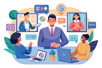 Fototapeta premium Team collaborates in a virtual meeting with diverse participants engaged in conversation and sharing ideas