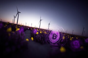 Wind farm, flowers, crypto symbol
