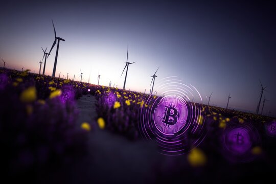 Wind farm, flowers, crypto symbol