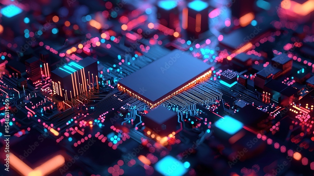 Poster a glowing circuit board with colorful electronic components and microchips, representing advanced te