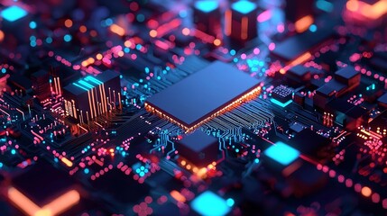 A glowing circuit board with colorful electronic components and microchips, representing advanced technology and digital innovation.
