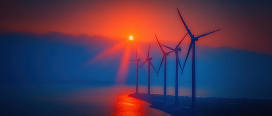 Wind turbines at sunset over water