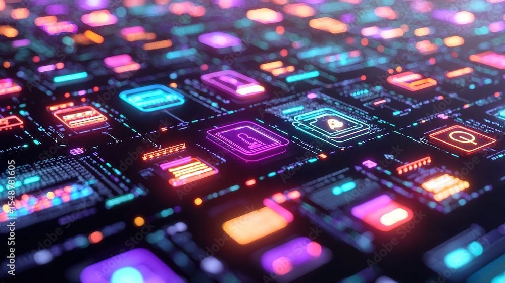 Poster a vibrant digital interface with glowing icons and futuristic graphics representing technology and c
