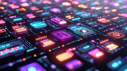 A vibrant digital interface with glowing icons and futuristic graphics representing technology and connectivity.