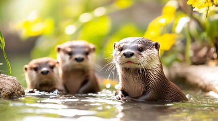 Three Otters Playing in a Calm River Surrounded by Lush Greenery and Yellow Flowers with Clear Water Reflections During a Sunny Day