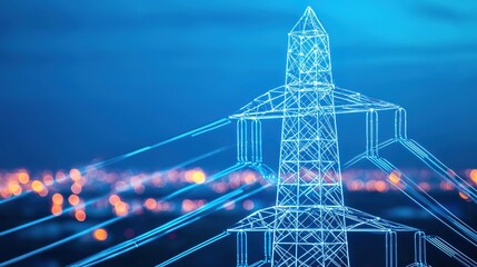 A digital illustration of a power transmission tower with glowing lines, set against a cityscape with blurred lights at dusk.